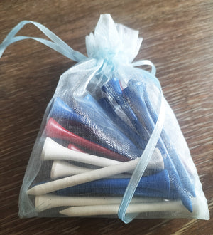 A bag of red white and blue tees